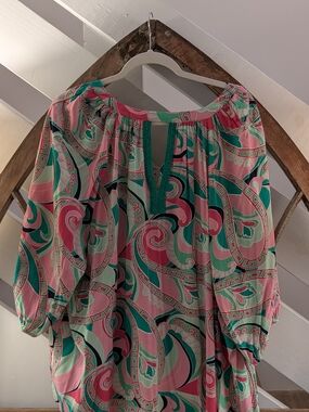 Women's Pink & Teal Printed Peasant Blouse